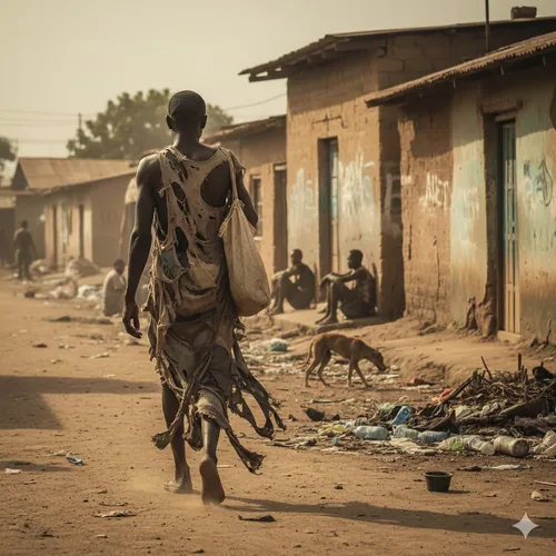 Image génére par Gemini pour illustrer l'article intitulé : Voilà, nous l’avions dit, c’est arrivé. Touadera rend les centrafricains fous. Écoutez ce que ce docteur a dit sur Bouar et BaoroImage d'illustration de la pauvreté dans un quartier de la capitale centrafricaine Bangui