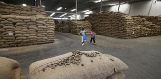 Des noix de cajou sont empilés dans un entrepôt à Bouaké Cote d'Ivoire le 23 février 2017