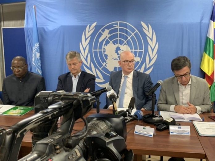 Conférence de presse de la mission de haut niveau de l'Union européenne, l,Union africaine et l'ONU en République centrafricaine le 6 octobre 2019. CNC. conférnce-de-presse-dimanche-6-octobre-de-la-mission-haut-niveau-union-européenne-union-africaine-onu-en-Centrafrique-pour-le-suivi-de-laccord-politique-pour-la-paix-et-la-réconciliation Élections 2020-2021,  les garants de l’APPR-RCA écartent tout report.