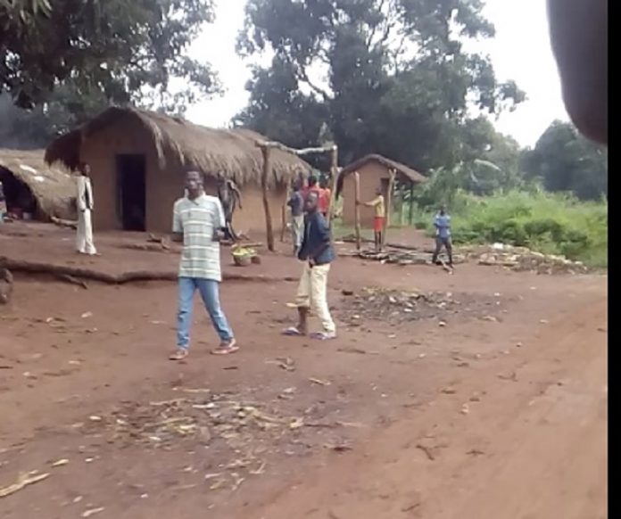 Illustration du village Kiné, situé à 18 kilomètres de Sibut sur l'axe Dékoua le 22 juillet 2018. Crédit photo : Corbeaunews-Centrafrique. village-Kiné-avec-des-paysans-qui-marchent-et-trois-maisons-en-pailles-visibles-par-CNC Homicide conjugal à Grimari, un homme aurait assassiné sa femme et disparaît.