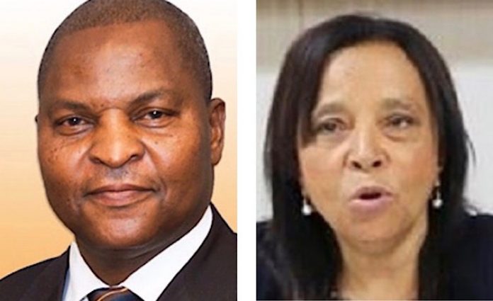 De gauche à droite, le chef de l'État Faustin Archange Touadera et Madame Dominique Darlan, Présidente de la cour constitutionnelle de Centrafrique. Photo montage CNC. de-gauche-à-droite-touadera-et-dominique-darlan LA COUR CONSTITUTIONNELLE ENTERRE DEFINITIVEMENT LE PROJET REVISIONNISTE DE TOUADERA   