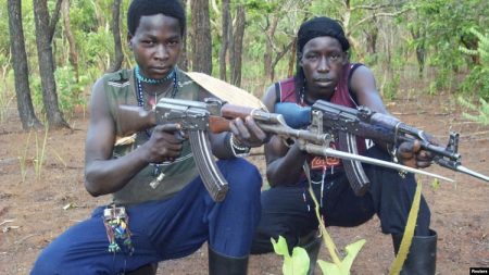 Des combattants de l'Armée de résistance du Seigneur posent avec leurs fusils à l'intérieur de la forêt près de la rivière Mbou en République centrafricaine, 4 avril 2012.