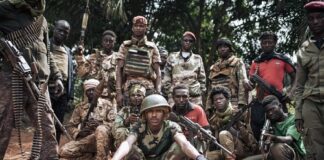 Des miliciens de la CPC à Niakari, au nord de Bangassou, le 30 janvier 2021 AFP