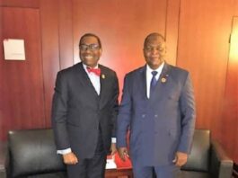 A gauche monsieur Adesina Akinwumi président de la Banque Africaine de Développement et à droite Professeur Faustin Archange TOUADERA Président de la République