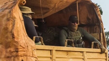 Des mercenaires russes de la société Wagner vues dans un véhicule militaire en République centrafricaine - Janvier 2021  