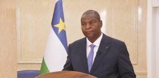 Le Président de la République centrafricaine, monsieur Faustin Archange Touadera, lors de son message à la nation à l'occasion du 64e anniversaire de la proclamation de la République centrafricaine