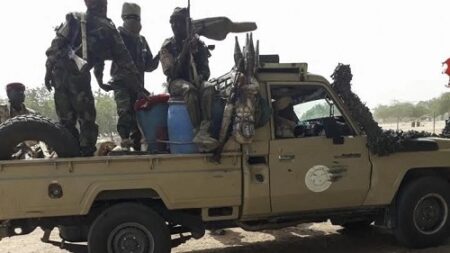 Des militaires tchadiens à l'arrière d'un Land Cruiser à Koundoul, 25 km de Ndjamena, en janvier 2020