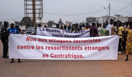 Manifestation de soutien aux mercenaires russes de la société Wagner et à la Chine à Bangui, le 22 mars 2023. copyrightCNC