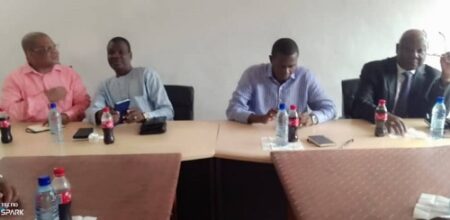 Les leaders du Bloc républicain pour la défense de la constitution, BRDC, lors de leur conférence de presse au siège du parti PATRIE le 3 août 2023 à Bangui. CopyrightCNC