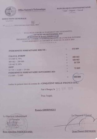 Pièce comptable de l'ONI pour l'indemnité forfaitaire de mois de septembre 2023 de Roméo Gribingui
