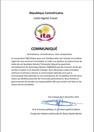 Communiqué du parti ITA relatif à l'enlèvement de son secrétaire général, Dominique Yandocka