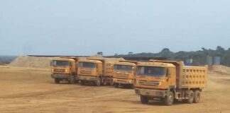 Des camions sur le site minier chinois de Gaga, dans l'Ombella-Mpoko