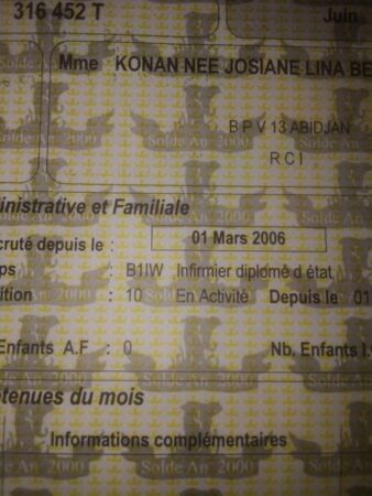 Extrait du bulletin de salaire de Mme Konan née Bemaka Soui Josiane Lina indiquant sa fonction et la date de son intégration, le 1er mars 2006