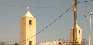 Mosquée de Kaga-Bandoro avec minaret haut surmonté d’un croissant, murs peints en vert à la base, sous un ciel dégagé, avec des personnes et des structures simples dans un environnement de marché en plein air.