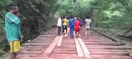 La traversée du pont Babongo,, , à 10 kilomètres de Bayanga