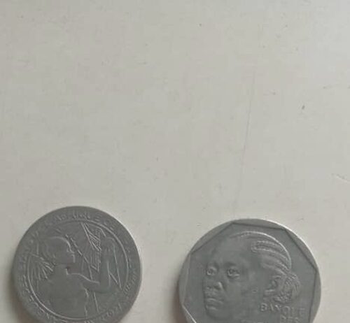Pièce de 500 Francs CFA avec le portrait de Barthélemy Boganda de la Banque des États de l’Afrique Centrale à droite, et une pièce symbolique de la Banque Centrale des États de l’Afrique de l’Ouest à gauche