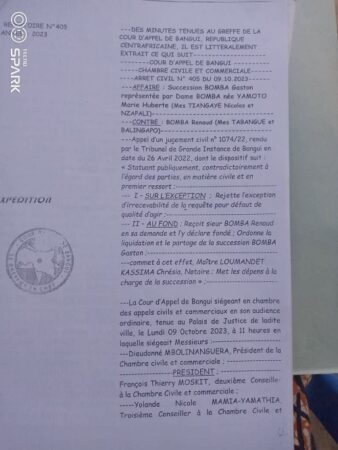 Document judiciaire de la Cour d’Appel de Bangui sur la succession BOMBA Gaston