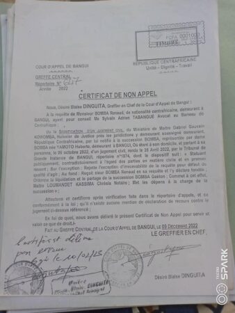 Certificat de Non Appel de la Cour d’Appel de Bangui pour la succession BOMBA