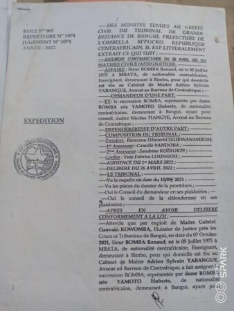 Document de la Cour d’Appel de Bangui sur la succession BOMBA