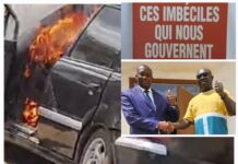 Véhicule de l'ancien ministre-conseiller Wilfried Sebiro incendié dans la concession de l'école nationale d'administration et de la magistrature à Bangui le 25 octobre 2024à Bangui