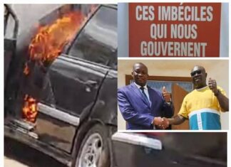 Véhicule de l'ancien ministre-conseiller Wilfried Sebiro incendié dans la concession de l'école nationale d'administration et de la magistrature à Bangui le 25 octobre 2024à Bangui