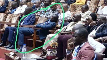 Le ministre centrafricain des PME et de la Promotion du Secteur Privé Hyppolite J.P Ngate-Robard ici entouré dormant dans l'hémicycle de l'Assemblée nationale