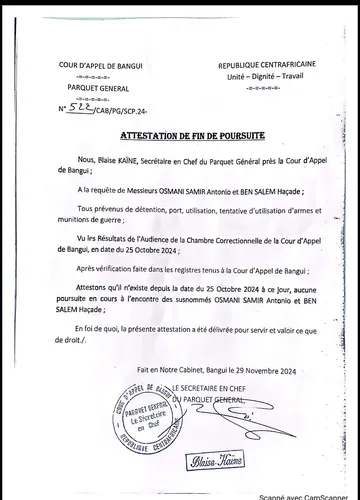 Document de la cour d'appel de Bangui