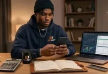 De l’achat en ligne aux paris, comment évoluent les dépenses Homme consultant ses finances numériques sur smartphone et ordinateur portable