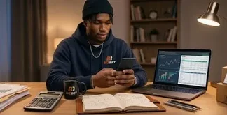 De l’achat en ligne aux paris, comment évoluent les dépenses Homme consultant ses finances numériques sur smartphone et ordinateur portable